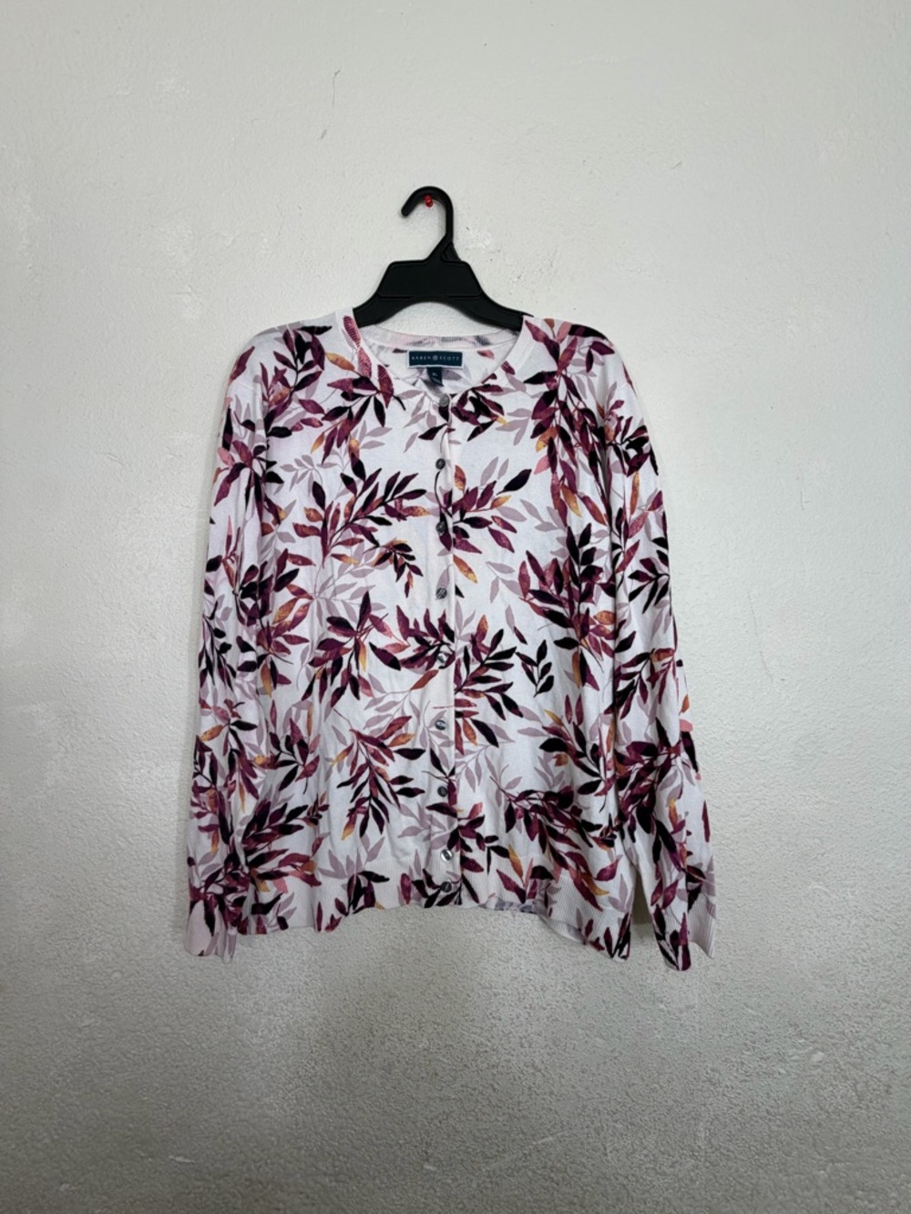 Karen Scott Purple Leaf Floral Print Button Front Cardigan Size XL